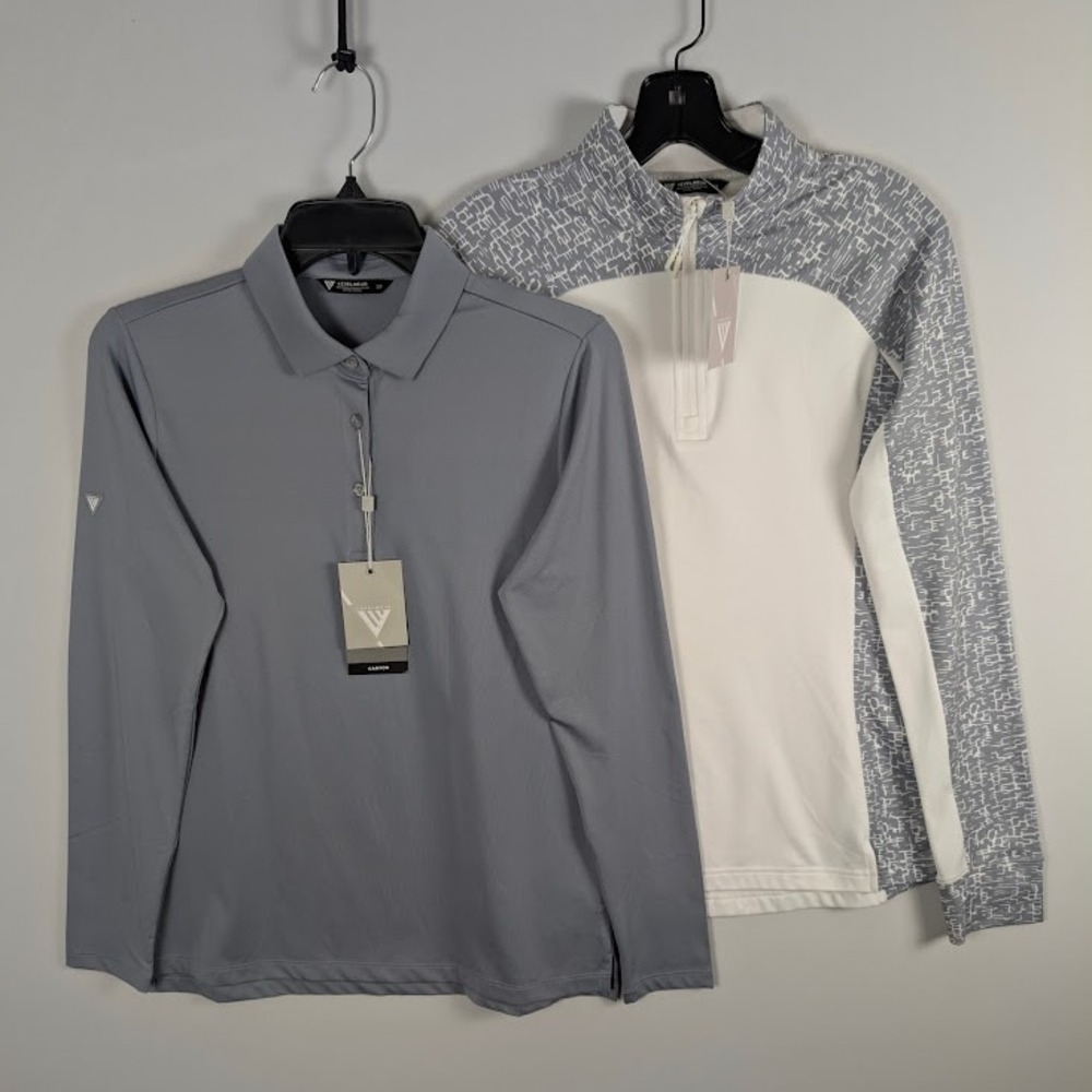 Lot 2- Levelwear Golf Tops Womens S Grey White Long Sleeve Polo/ Zip Mock Bundle